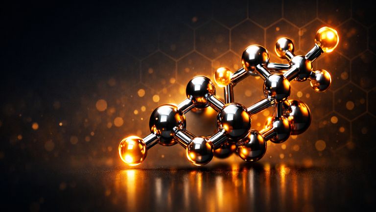 3D rendered testosterone molecule with chrome and amber highlights